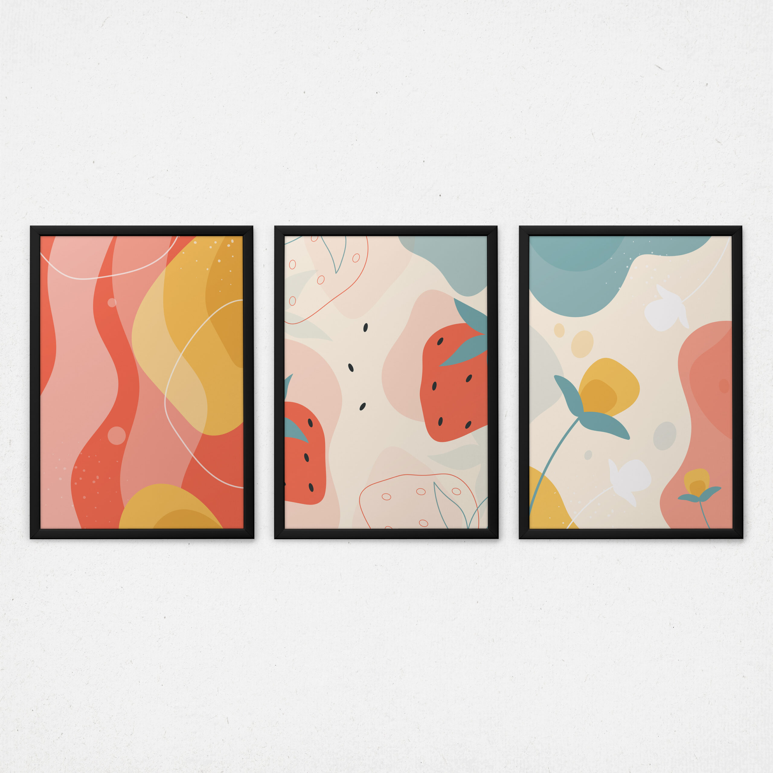 Kit 3 Quadros Desenhos Abstratos - Frutas abstrato mosaico decorativo