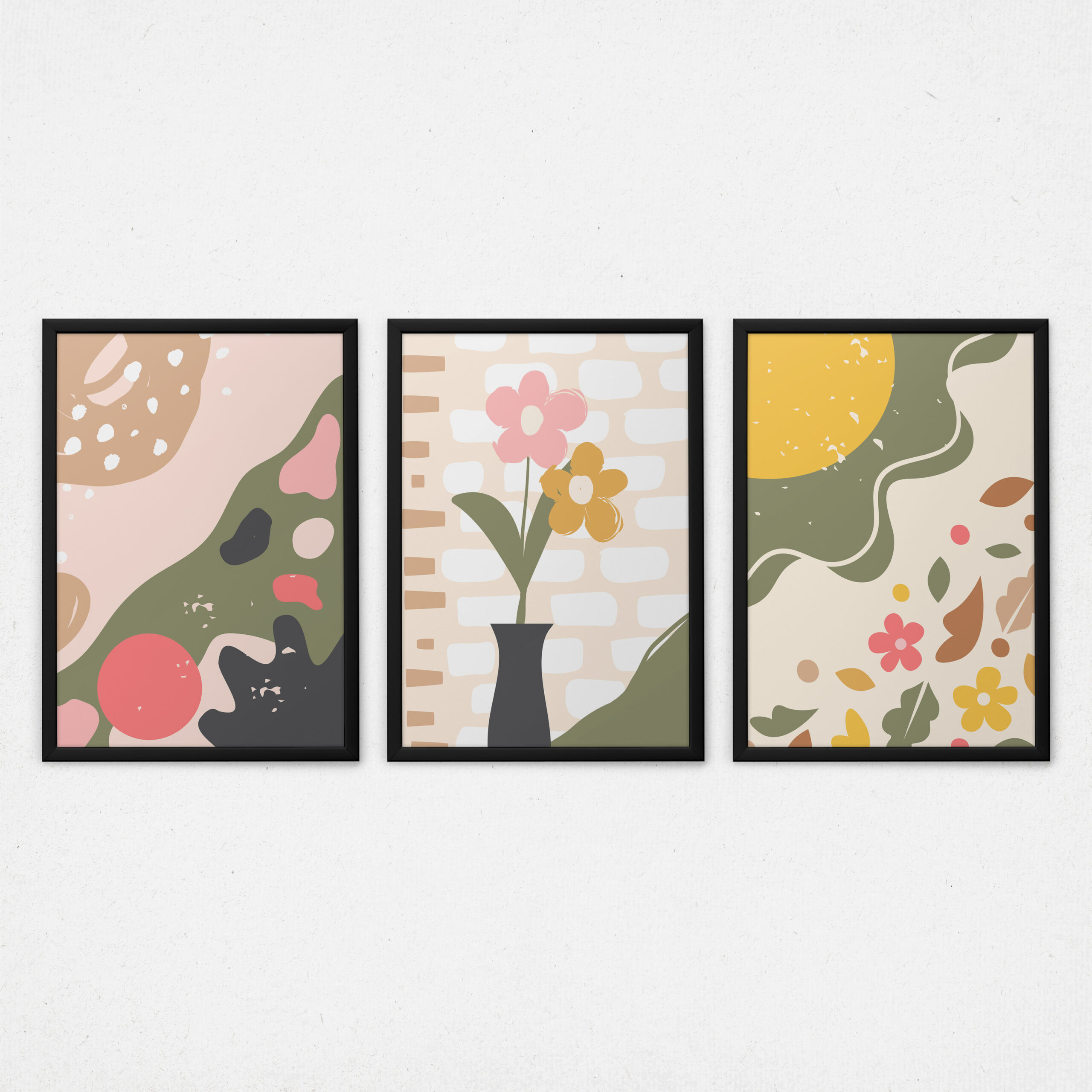 Kit 3 Quadros Desenhos Abstratos - Flores Abstratas da Primavera
