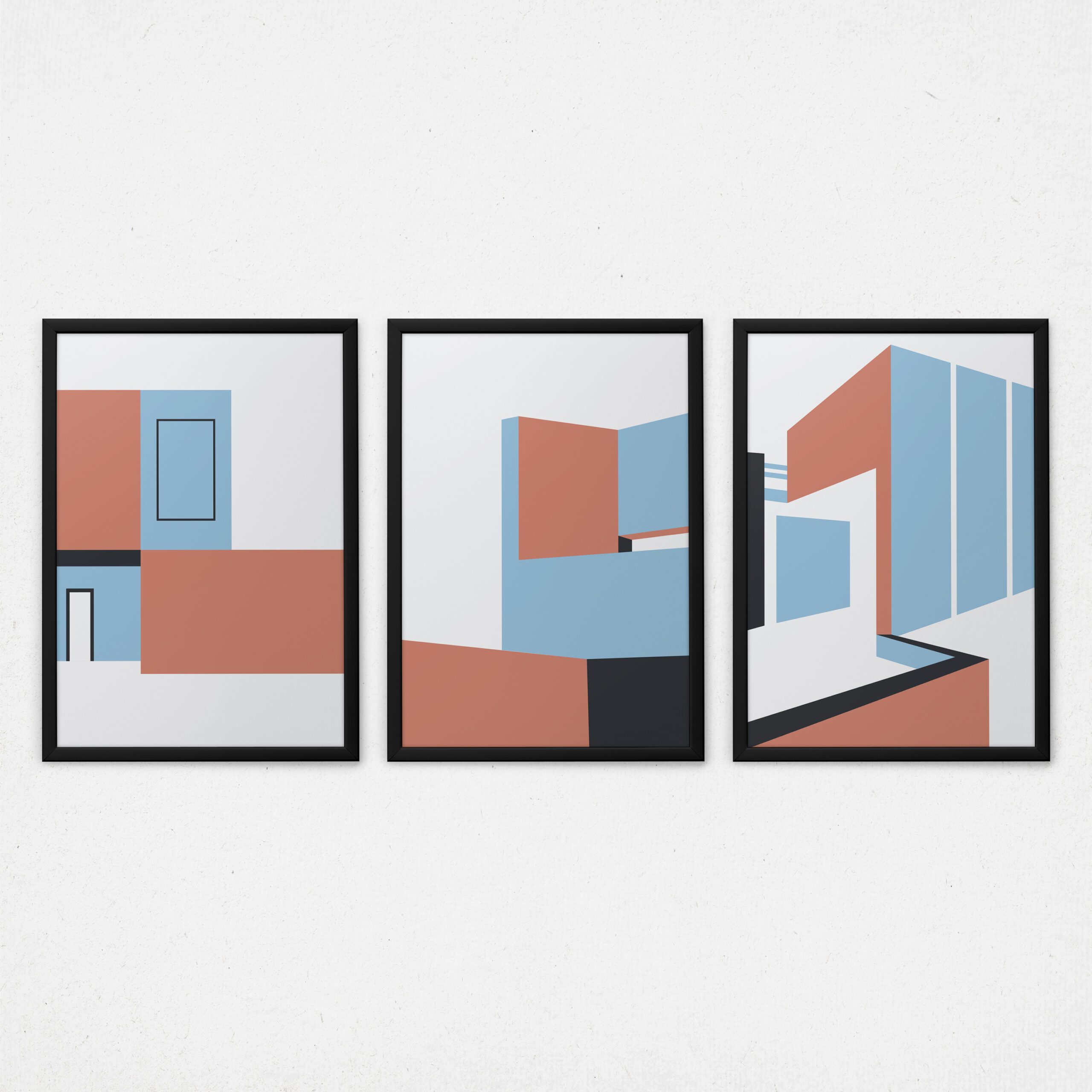 Kit 3 Quadros Arquitetura Abstrata - Casa Projetada