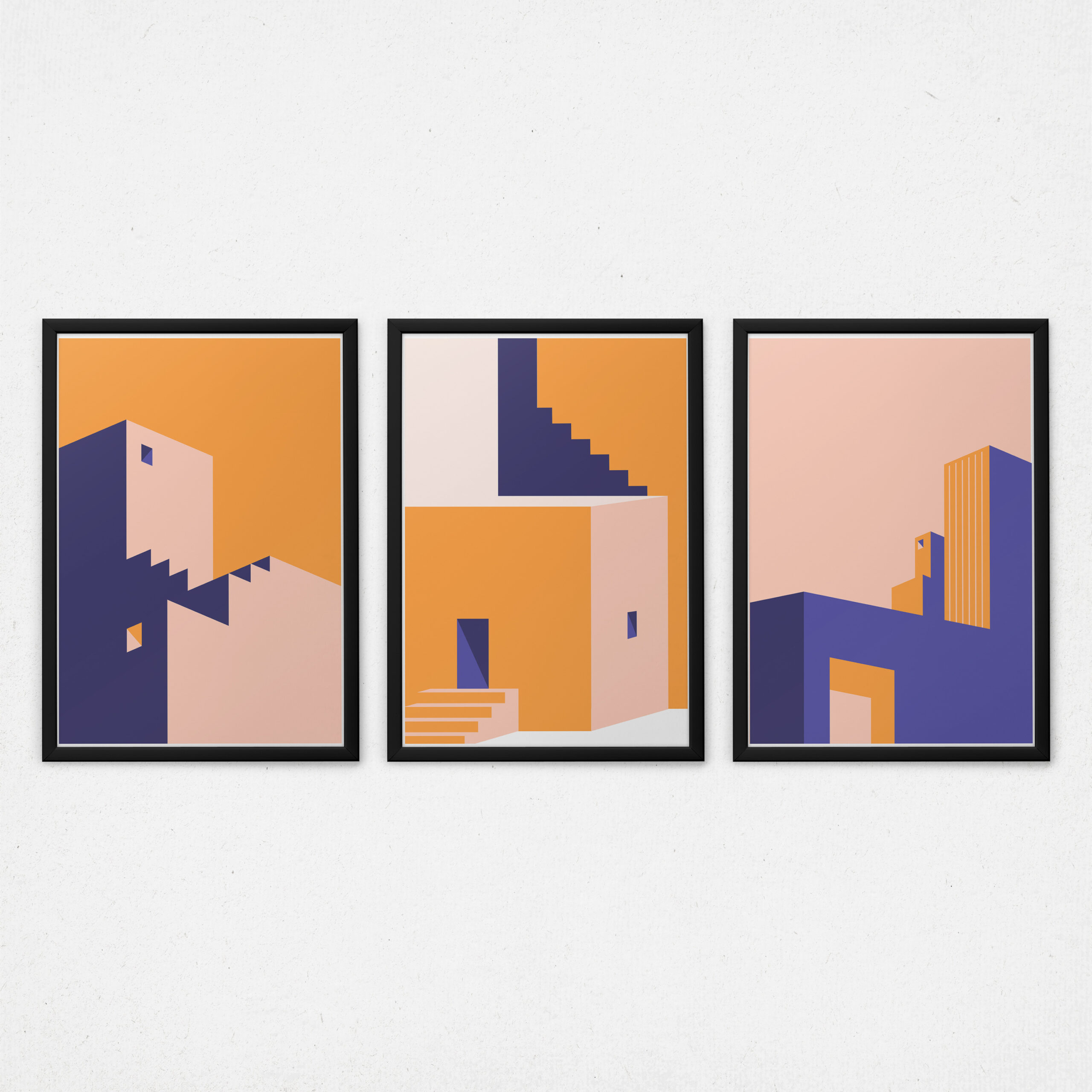 Kit 3 Quadros Arquitetura Abstrata - Prédios Elegante Azul e Laranja