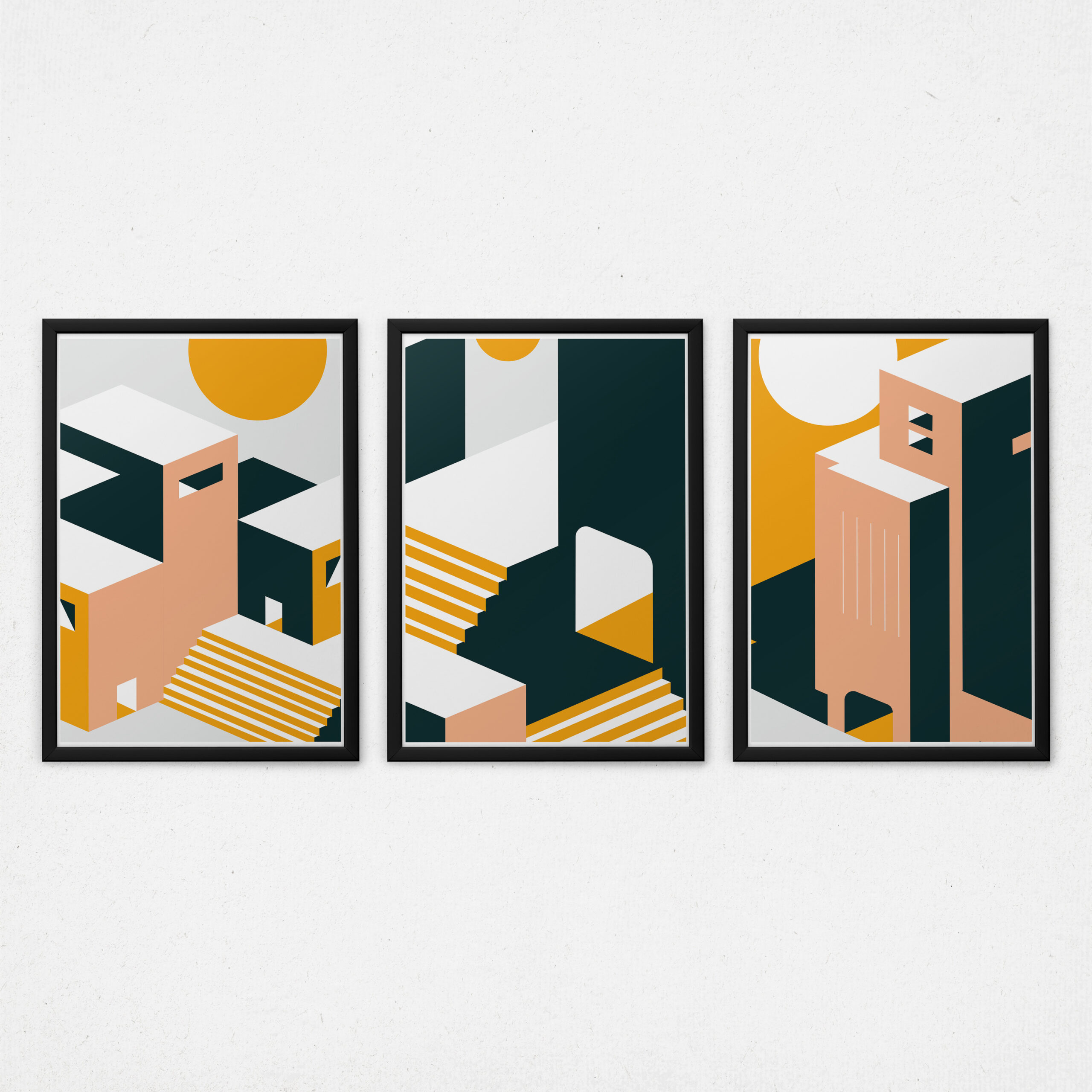 Kit 3 Quadros Arquitetura Abstrata - Escadas e Prédios Laranja