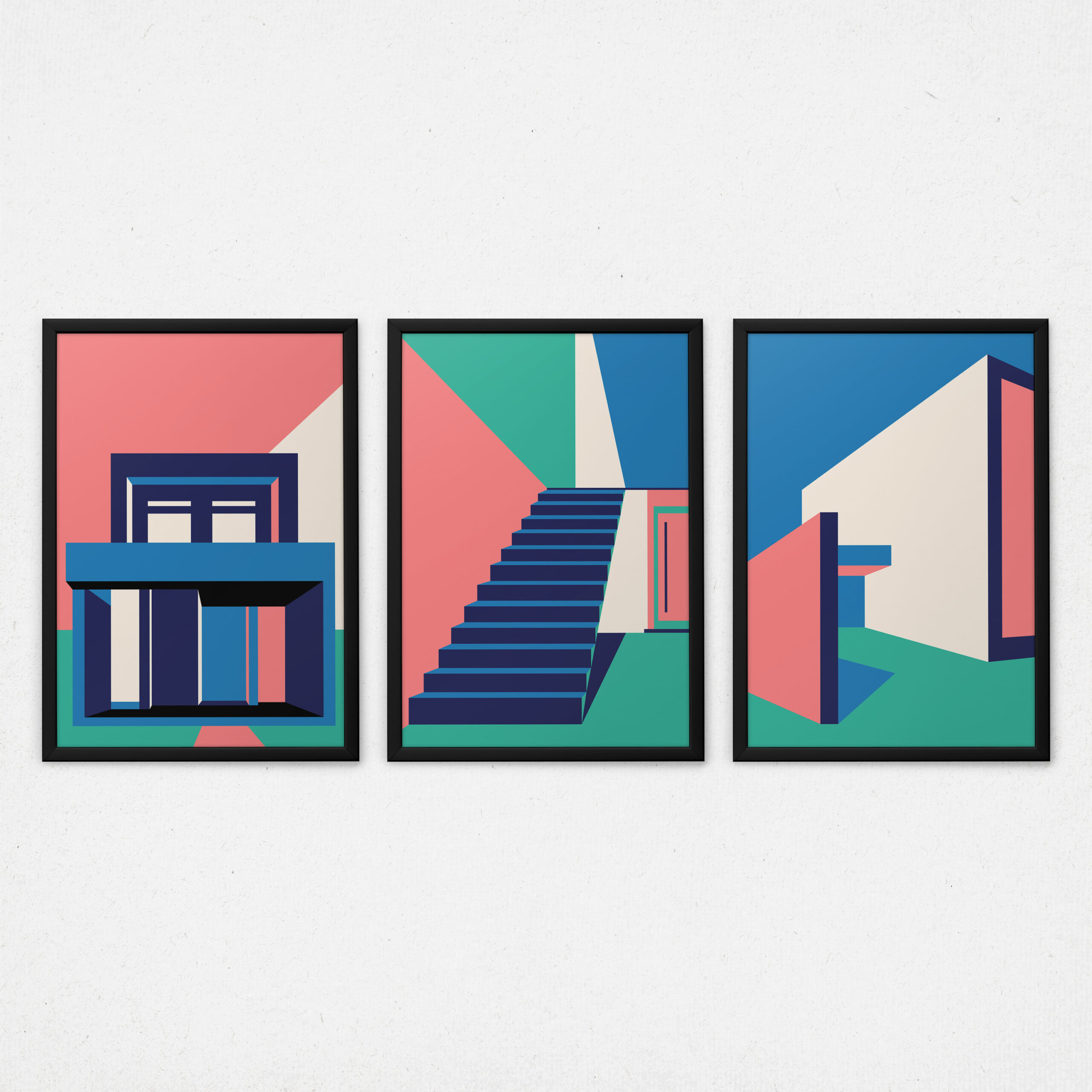 Kit 3 Quadros Arquitetura Abstrata - Casa com escadas rosa