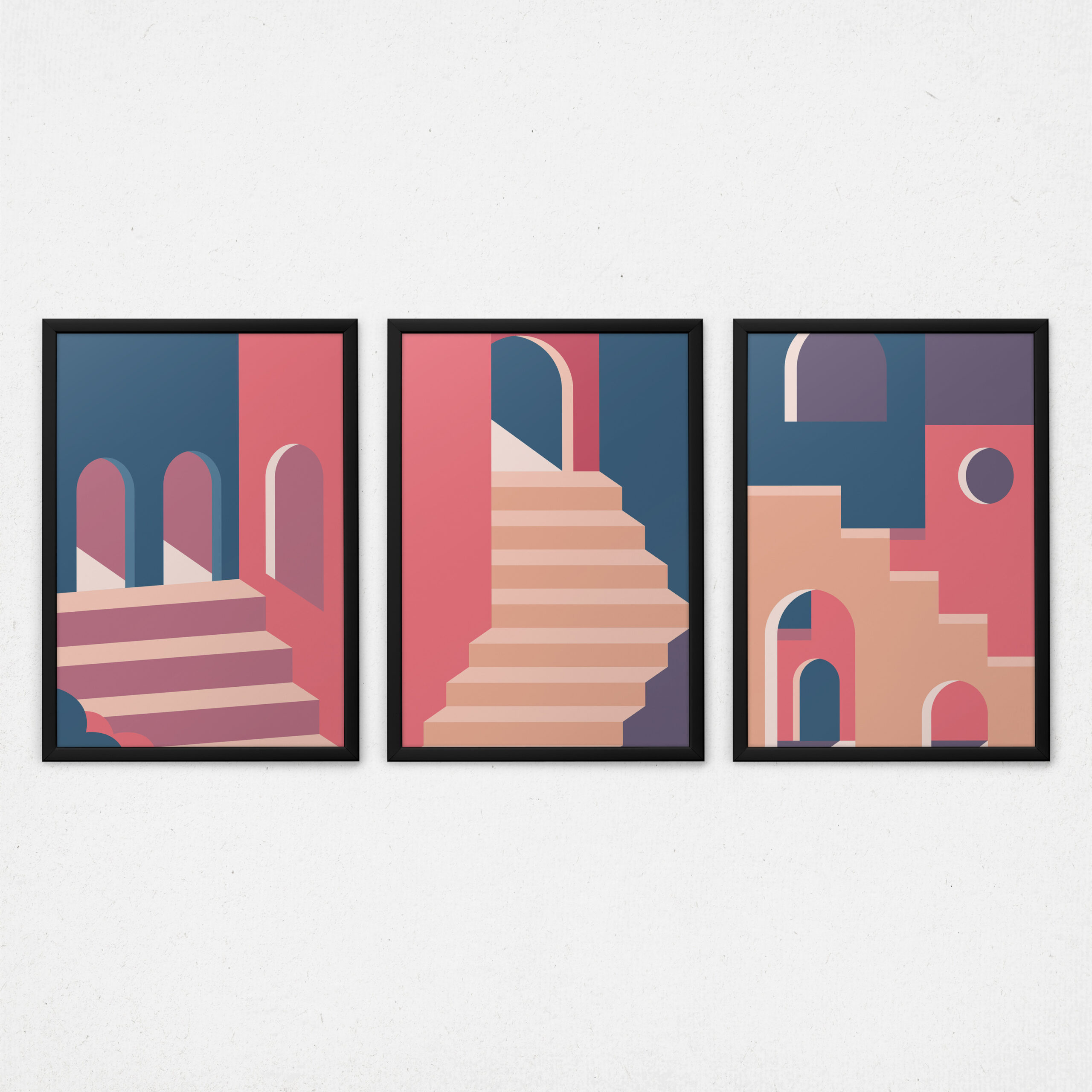 Kit 3 Quadros Arquitetura Abstrata - Cidade rosa e azul