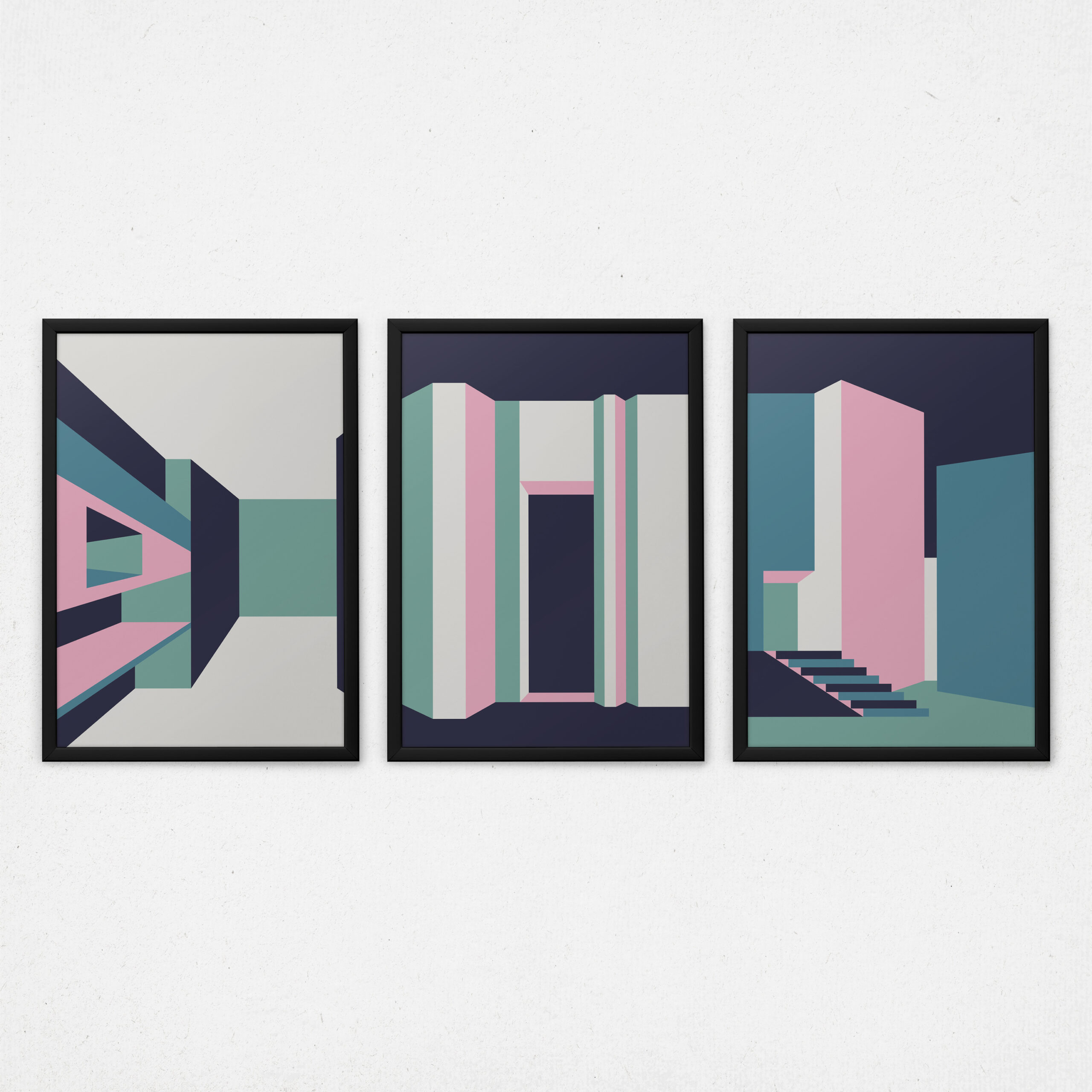 Kit 3 Quadros Arquitetura Abstrata - Construção Digital Perspectiva Casa