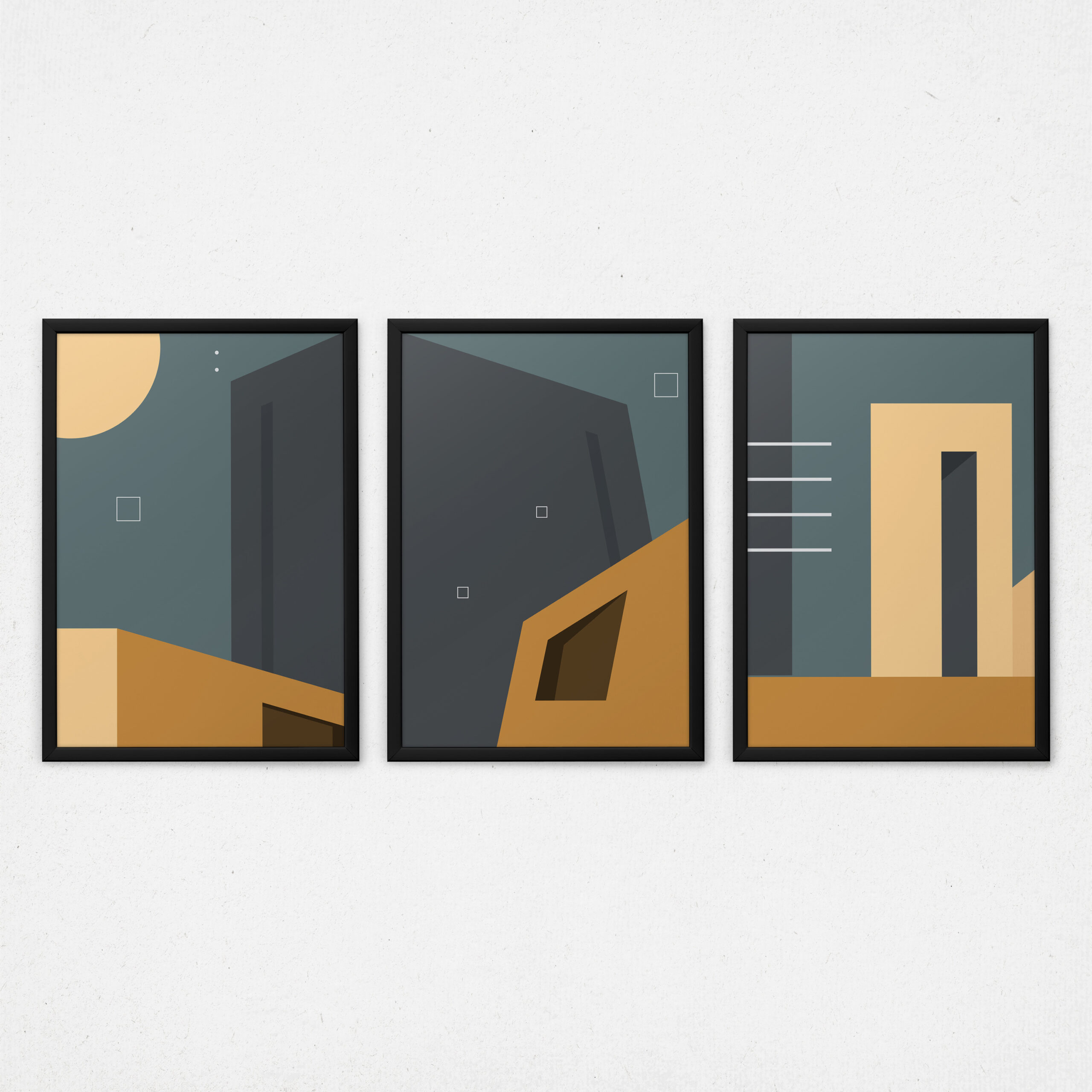 Kit 3 Quadros Arquitetura Abstrata - Casa Moderna Laranja e Verde