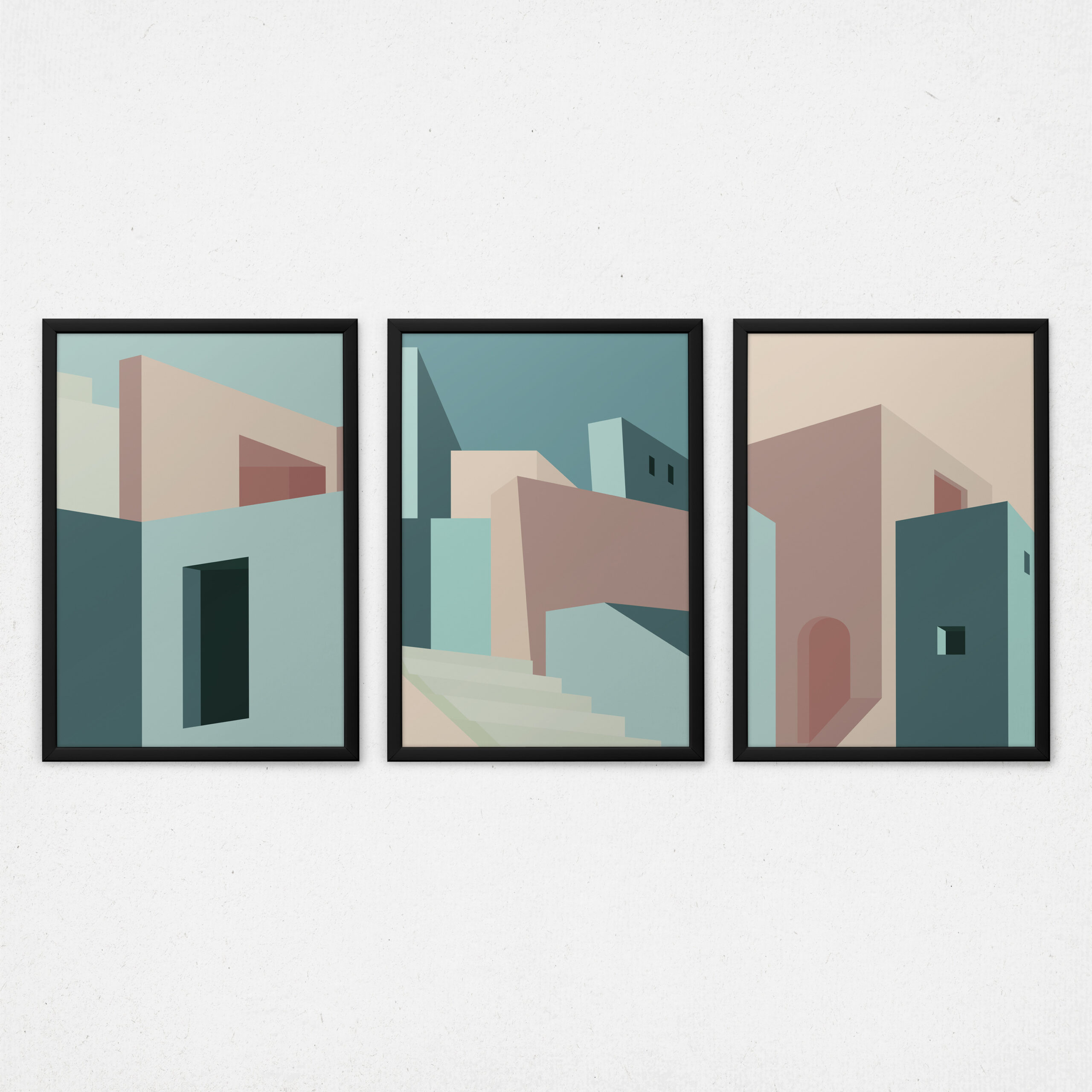 Kit 3 Quadros Arquitetura Abstrata - Casa Rosa e Verde com escadas
