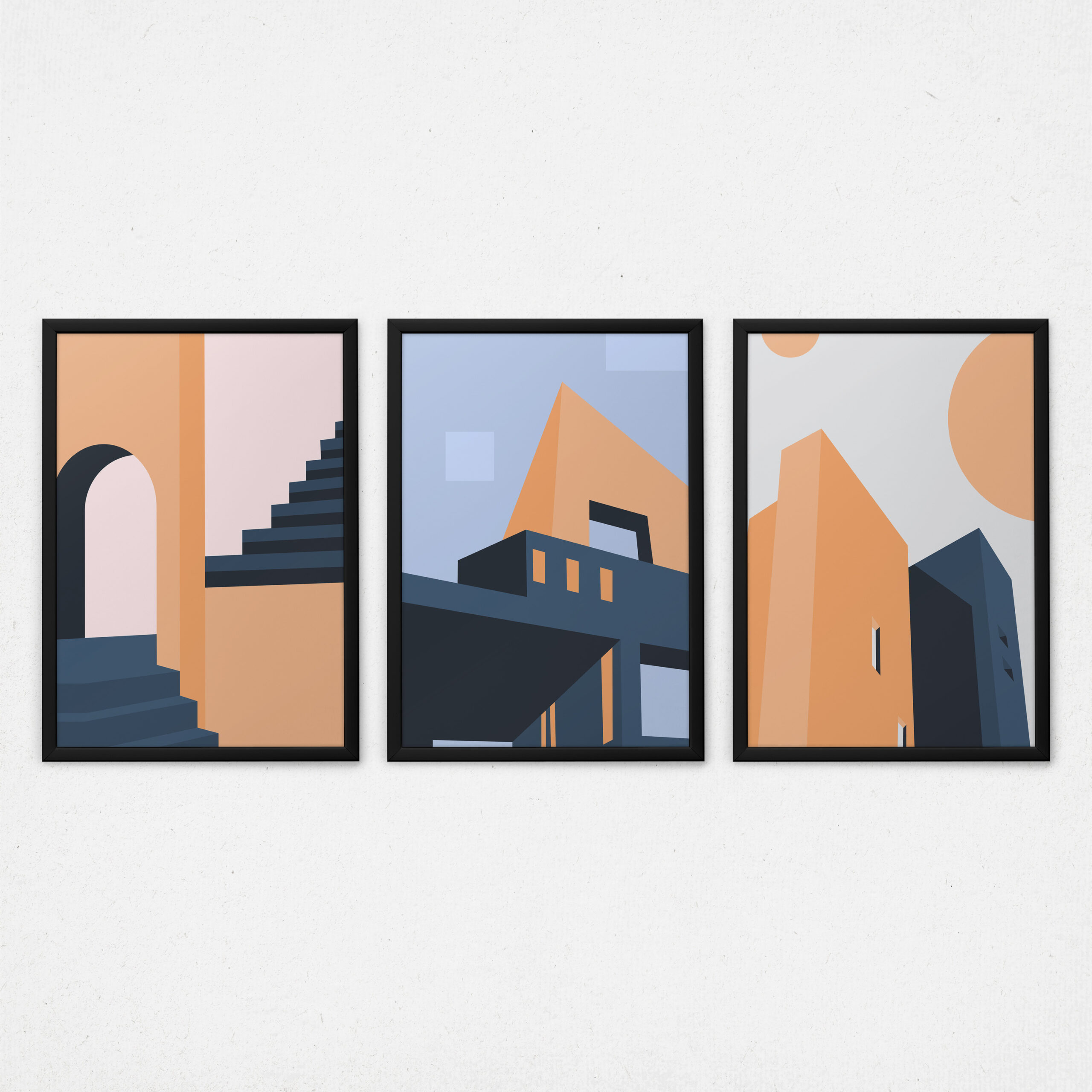 Kit 3 Quadros Arquitetura Abstrata - Construção Minimalista Casa