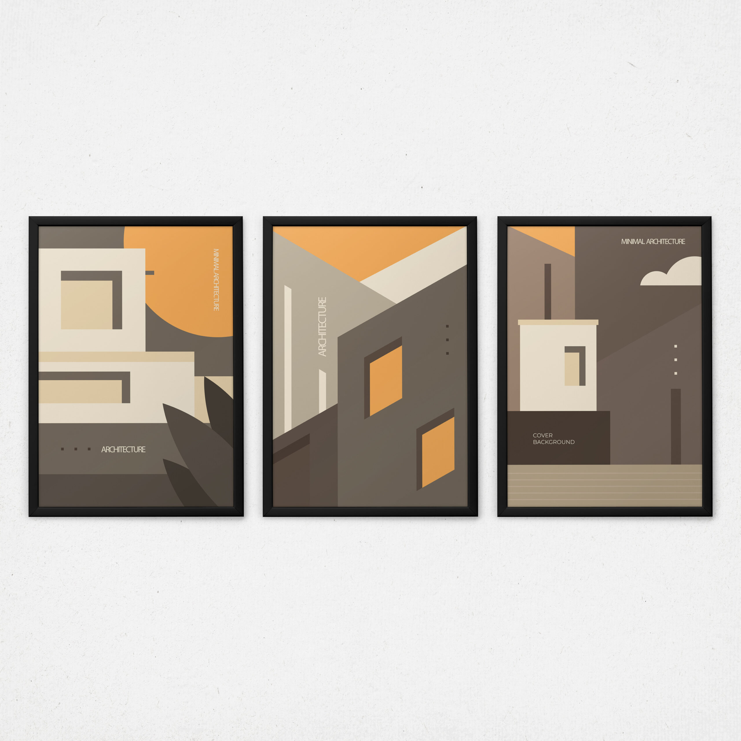 Kit 3 Quadros Arquitetura Abstrata - Casa Moderna Marrom Laranja