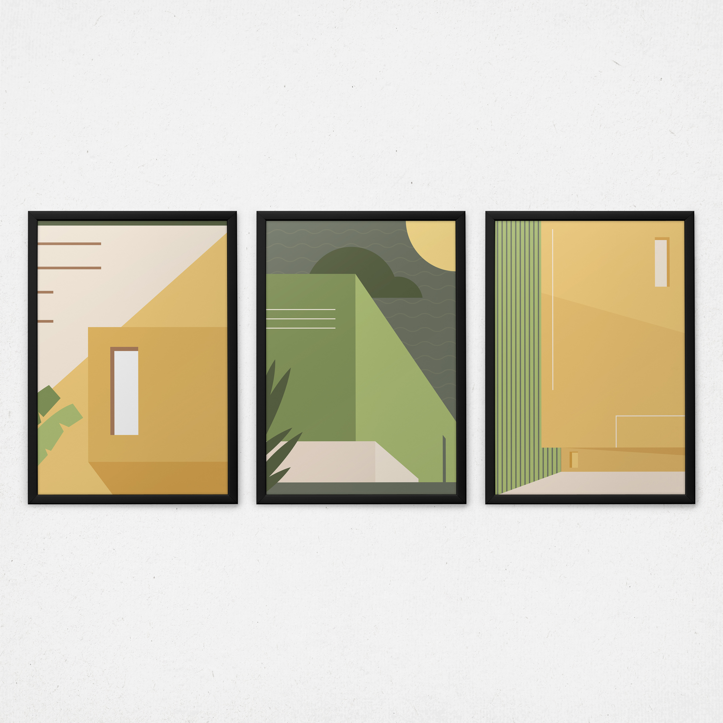 Kit 3 Quadros Arquitetura Abstrata - Minimalista Casa Verde Amarelo