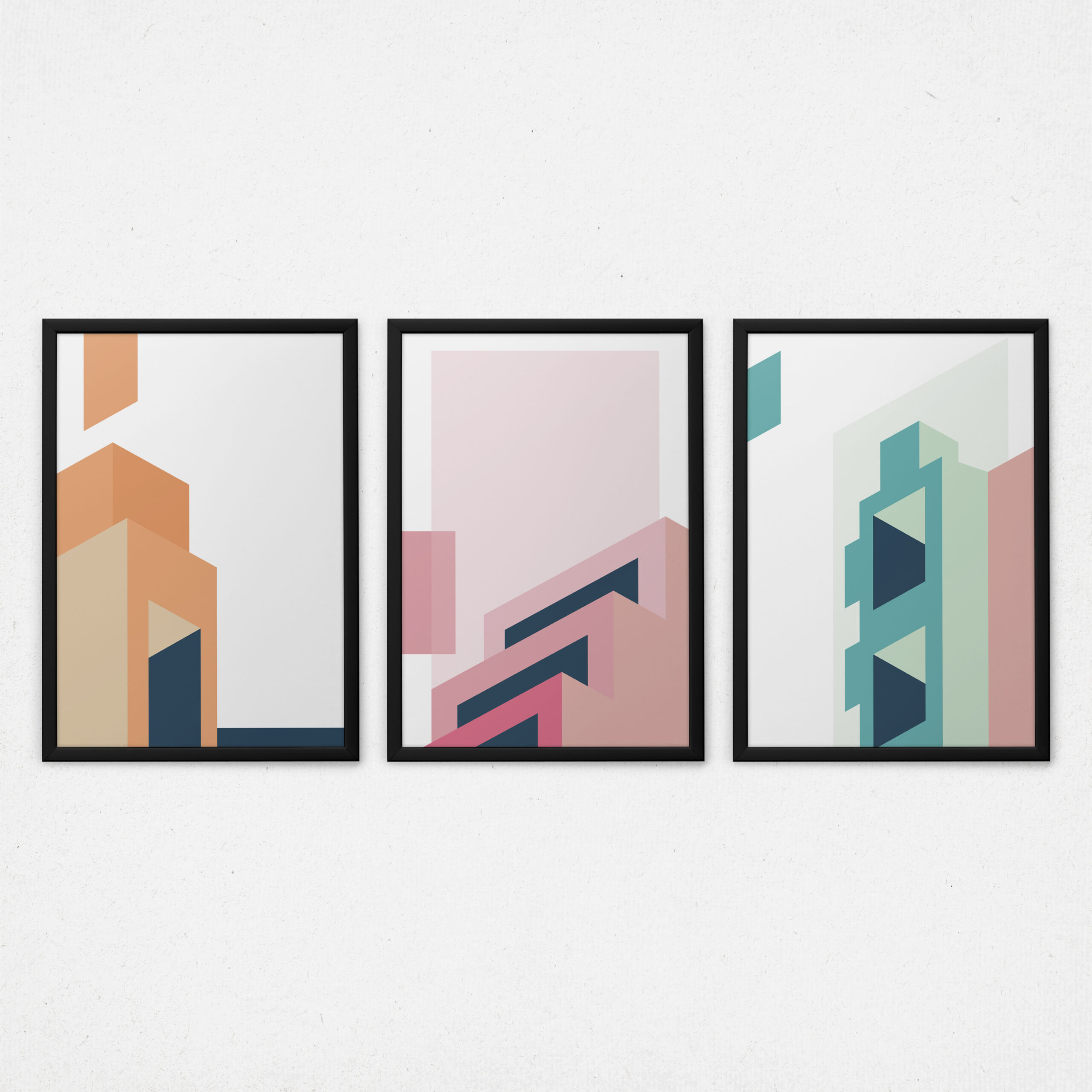 Kit 3 Quadros Arquitetura Abstrata - Colorido Janelas Casa Loft