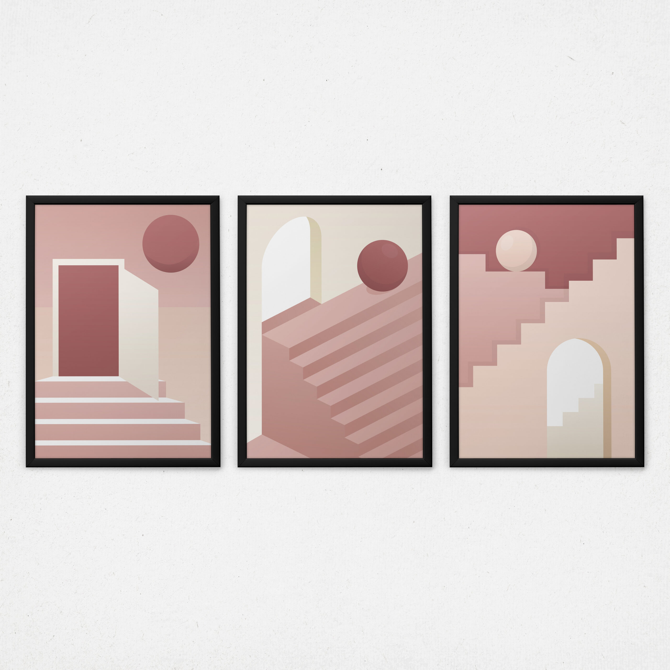 Kit 3 Quadros Arquitetura Abstrata - Portas e Escadas Rosa