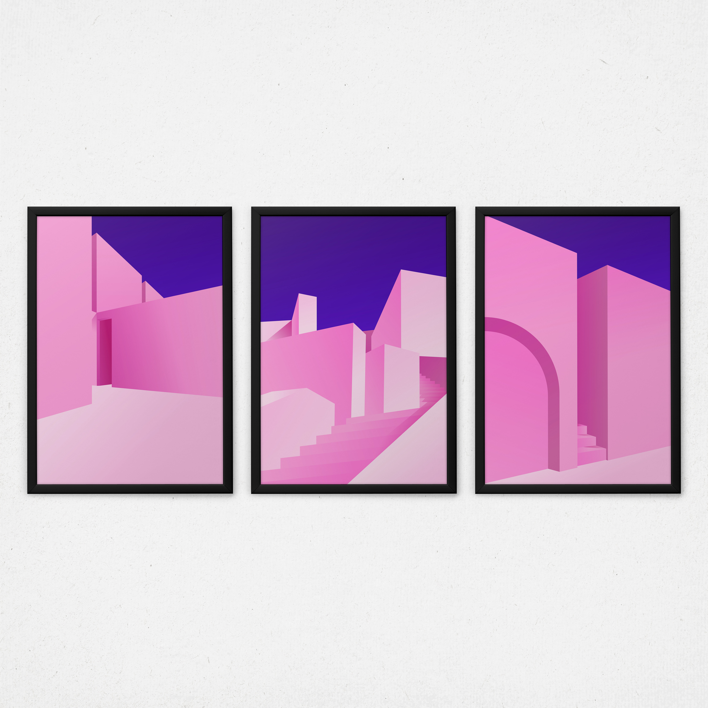 Kit 3 Quadros Arquitetura Abstrata - Coberturas Rosas Minimalista