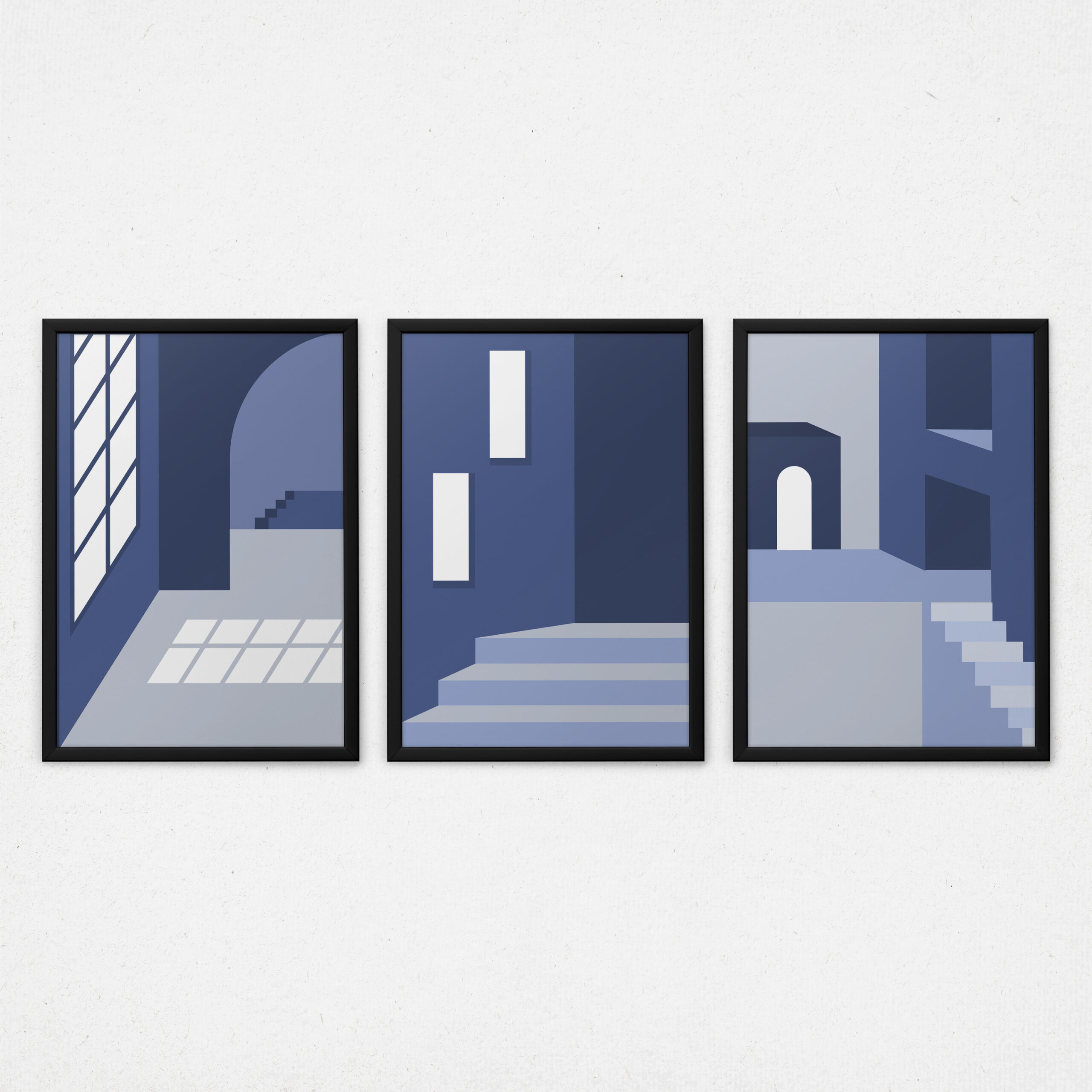 Kit 3 Quadros Arquitetura Abstrata - Interior com Janela e Escada Azul