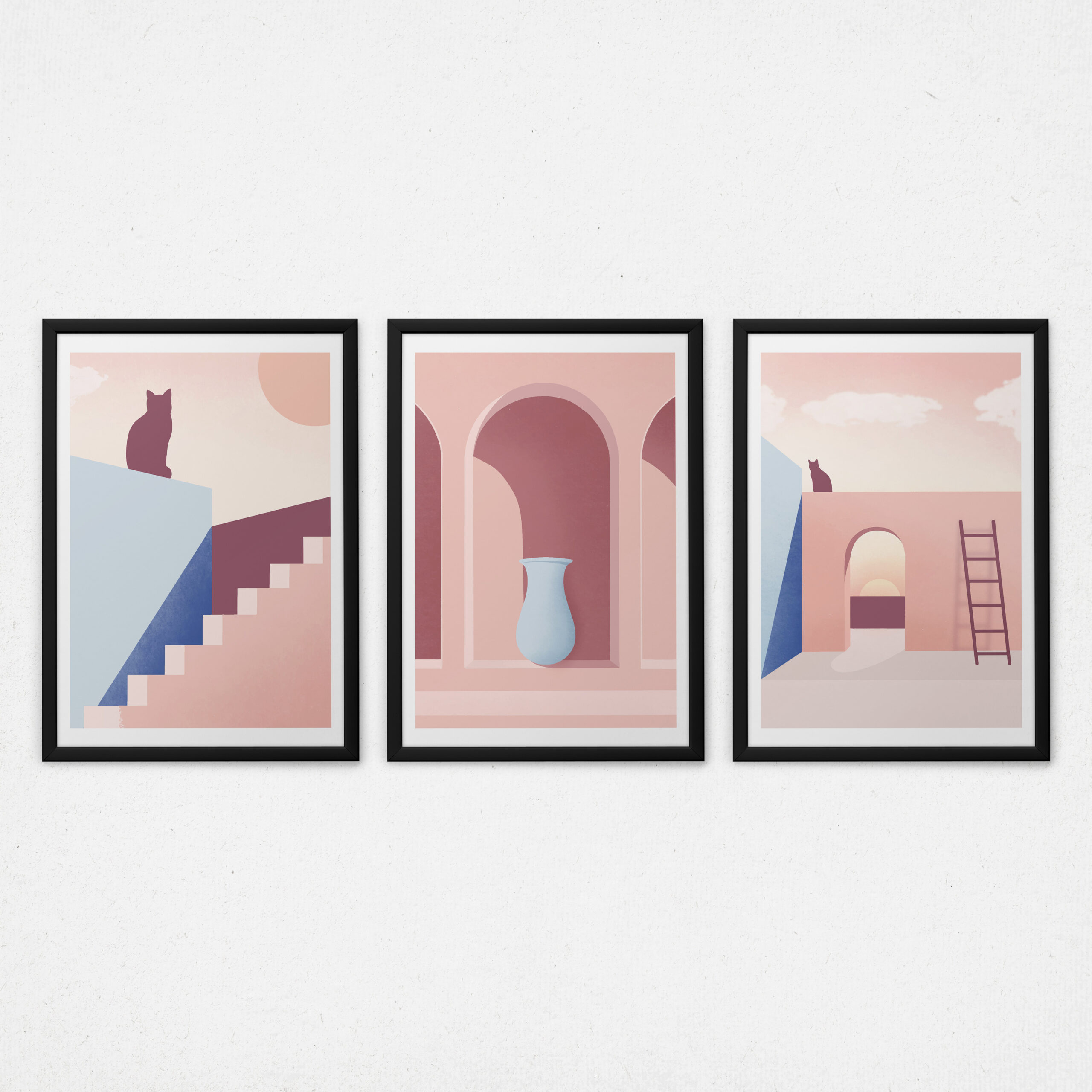 Kit 3 Quadros Arquitetura Abstrata - O Gato em cima do Muro com escadas