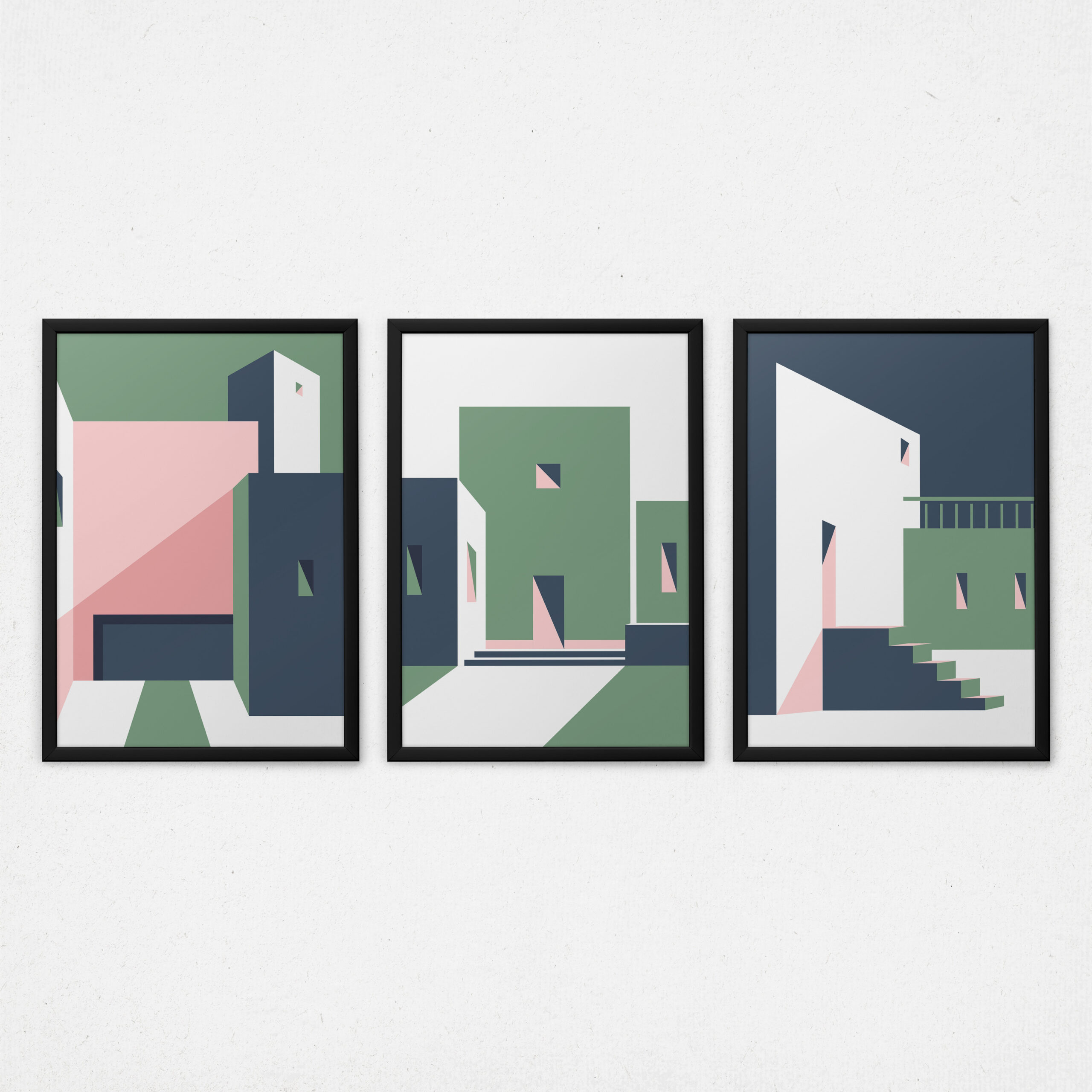Kit 3 Quadros Arquitetura Abstrata - Prédios e Escadas verdes