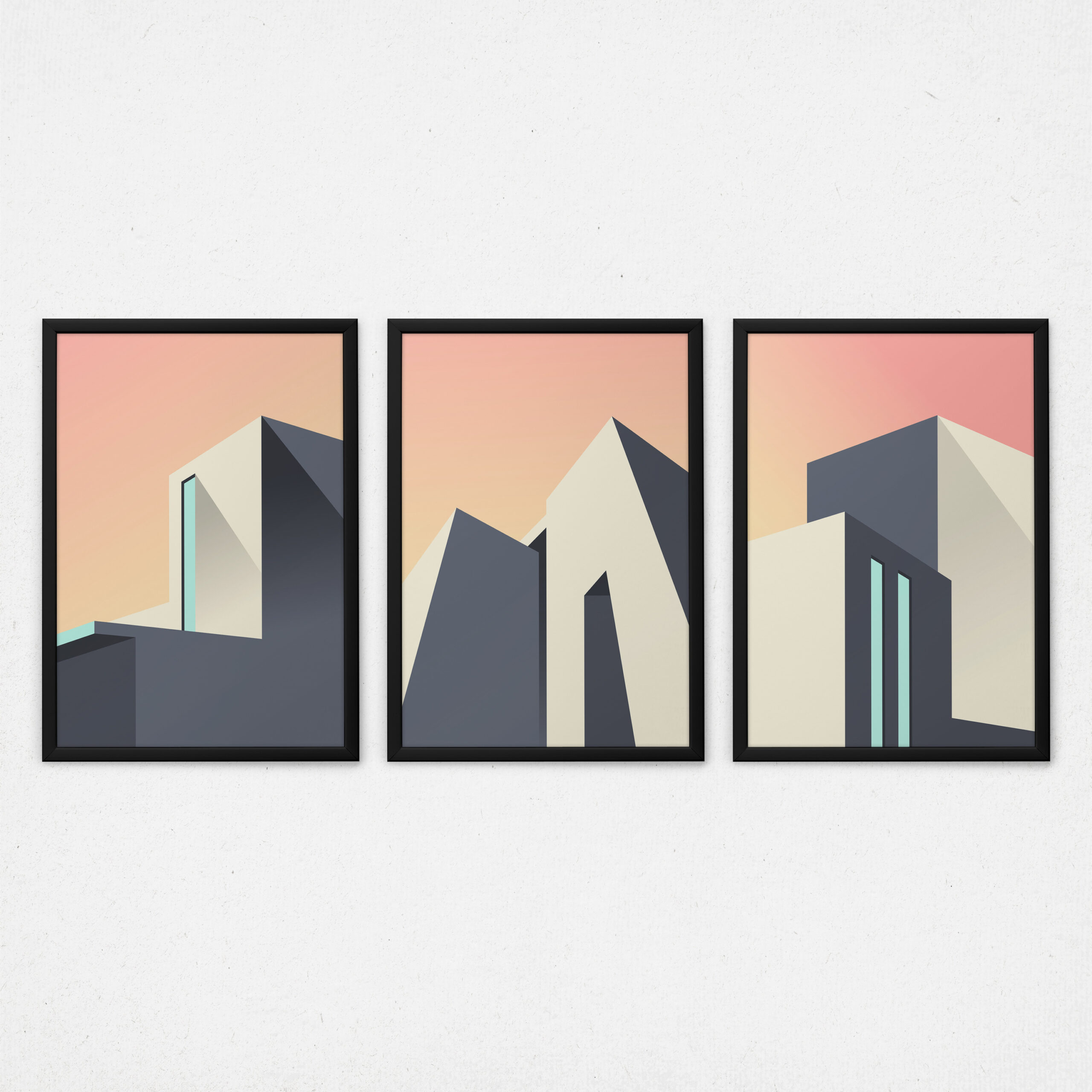 Kit 3 Quadros Arquitetura Abstrata - Prédios Retangulares Cinza Fundo Rosa Moderno