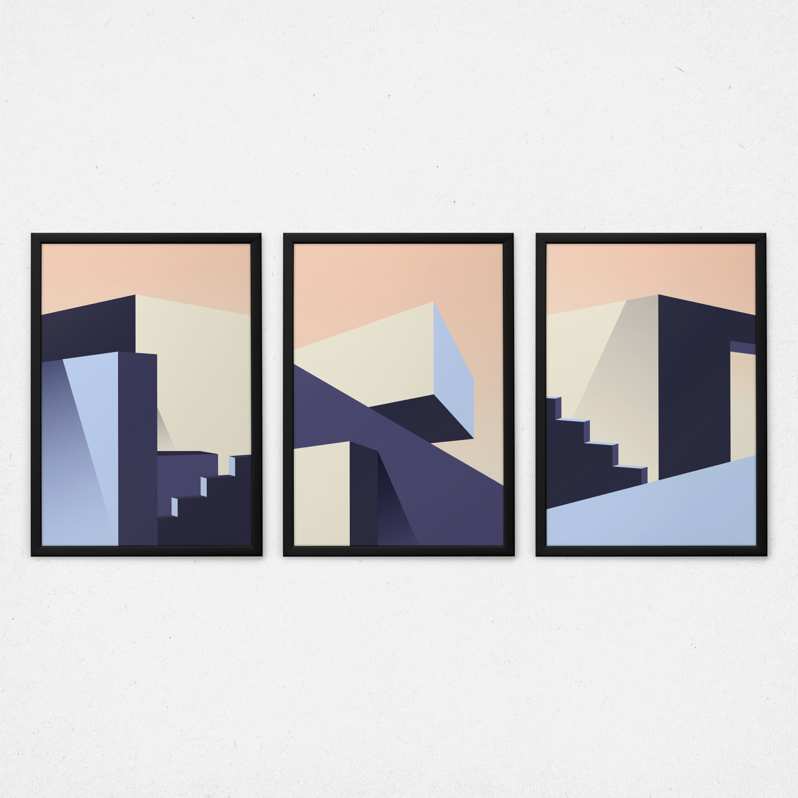Kit 3 Quadros Arquitetura Abstrata - Escadas Quadradas